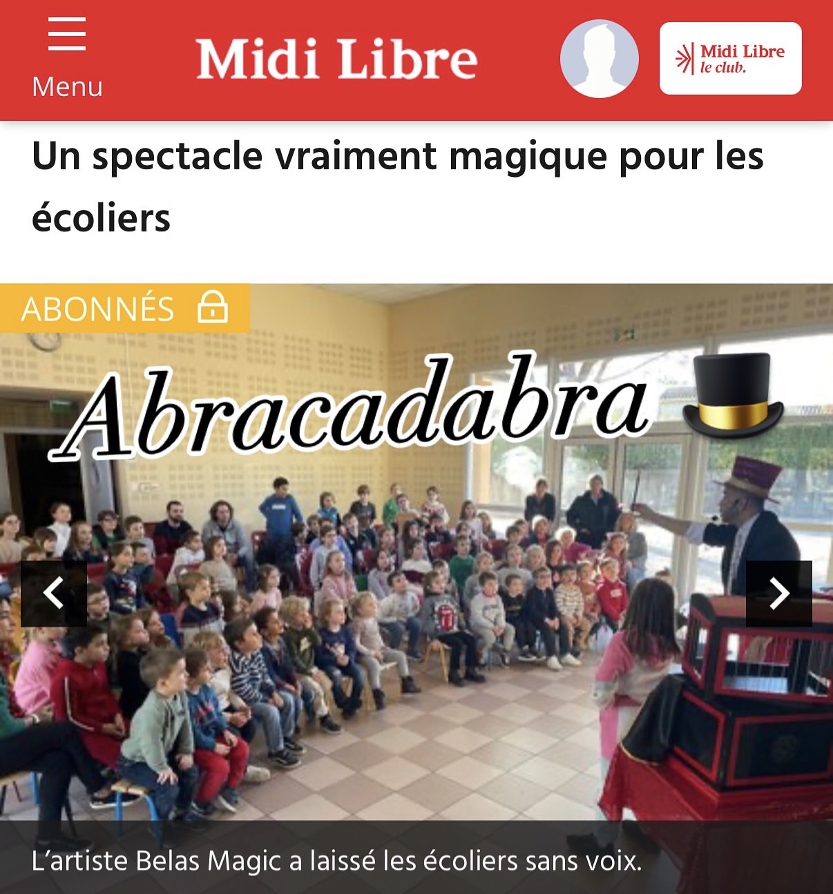 Article Midi Libre - spectacle magique pour les écoliers